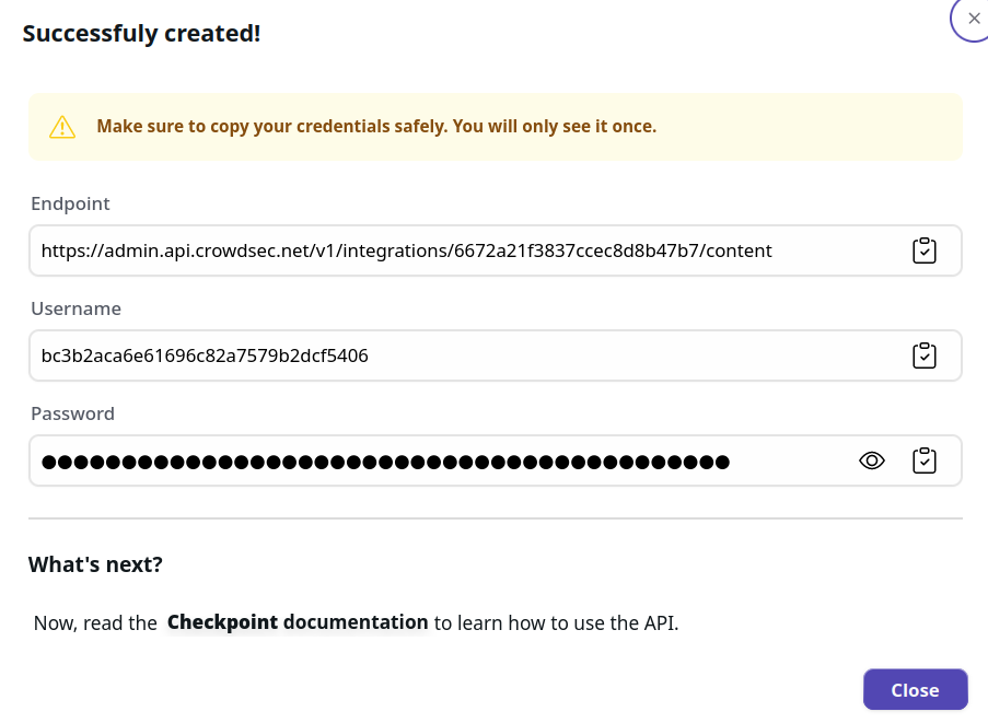 Checkpoint Integration Credentials Screen