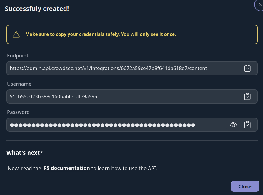 F5 Integration Credentials Screen