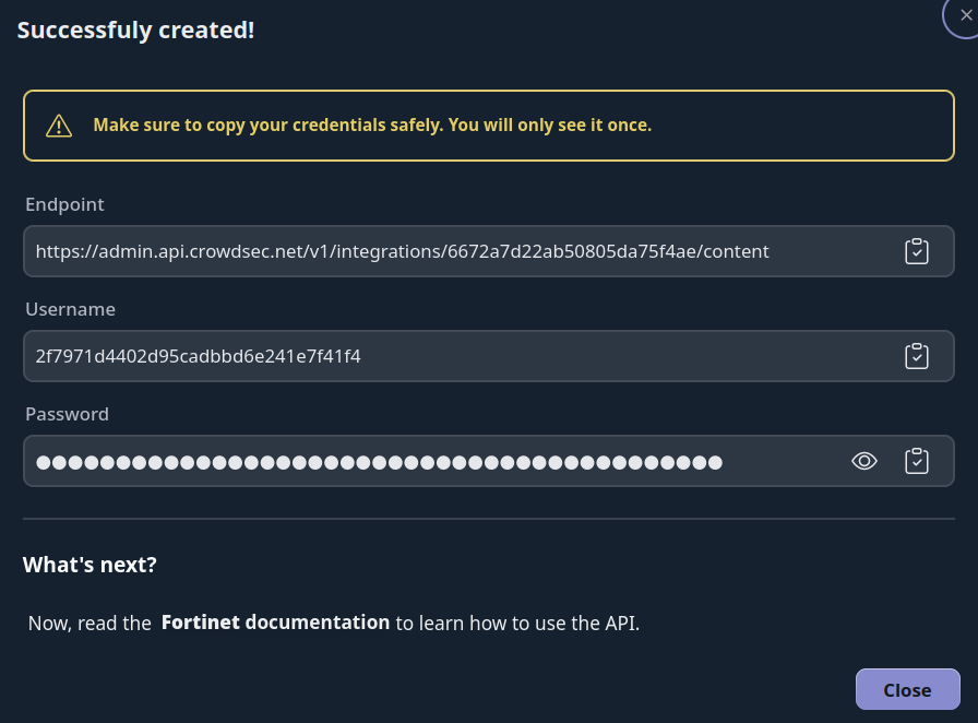 Fortinet Integration Credentials Screen